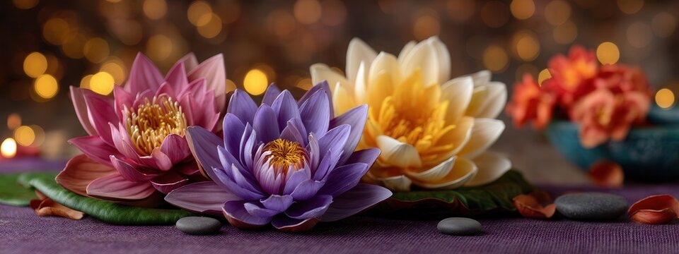 Colorful lotus bouquet on reflective surface with warm bokeh background and soft studio lighting