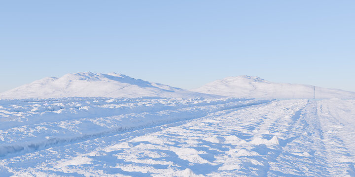 Vast frozen snowy mountain valley under clear bright blue sky cold winter landscape harsh climate remote pristine natural outdoor environment 3d rendering