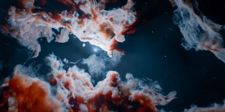 Deep space cosmos environment containing bright glowing distant star surrounded by massive swirling red and blue colorful gas dust clouds, 3d rendering