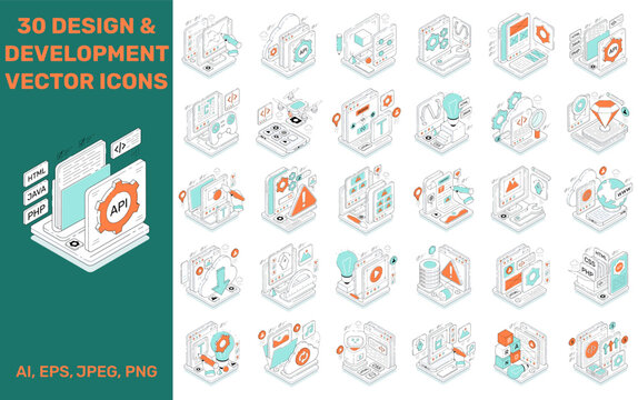 Design and development concept isometric style illustrations available for instant download. Editable stroke vectors.
