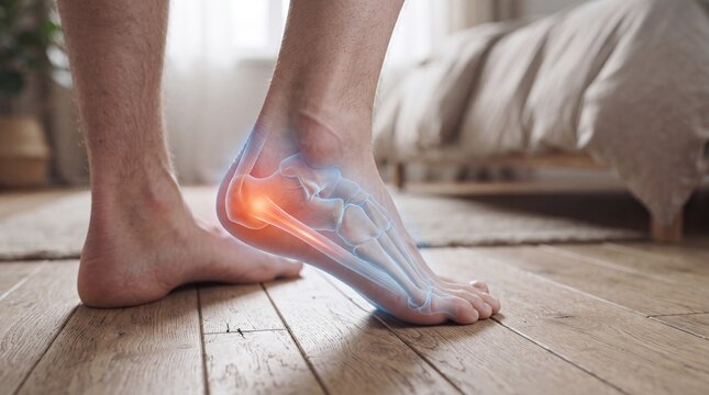 Foot and ankle pain with highlighted anatomy and inflammation during walking