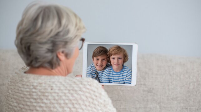 Senior woman video calling smiling grandchildren on tablet while seated on couch in bright living room, warm family connection, relaxed home setting, soft daylight