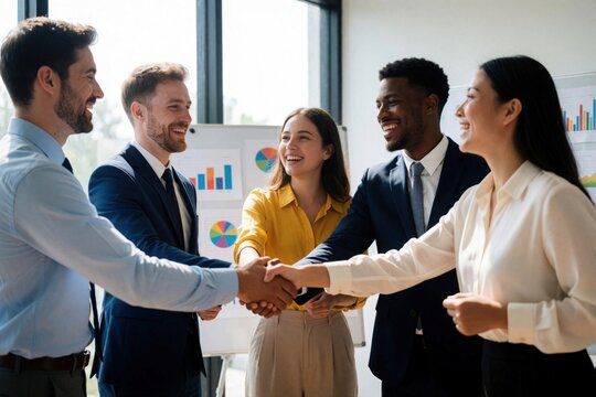 Diverse business team shakes hands. Colleagues celebrate partnership deal with smiles. Men and women in suits agree on project success in office meeting.
