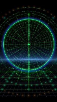 Glowing green circular radar display above reflective dark surface with aircraft blip, concentric rings, grid lines, target echoes, and futuristic tactical interface