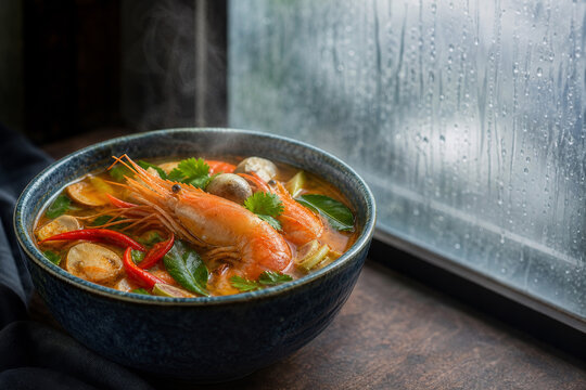 Steaming tom yum goong beside a rain covered window