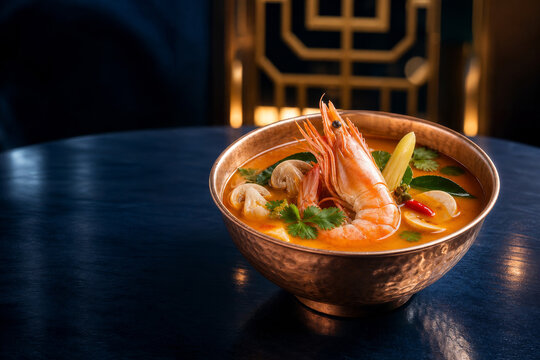 Luxury tom yum goong with prawns in a hammered copper bowl