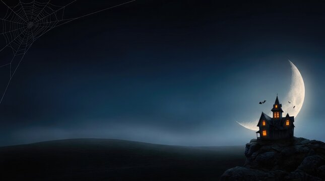 A spooky haunted house silhouette set against a glowing crescent moon in a dark night sky creating an atmospheric and eerie halloween background for