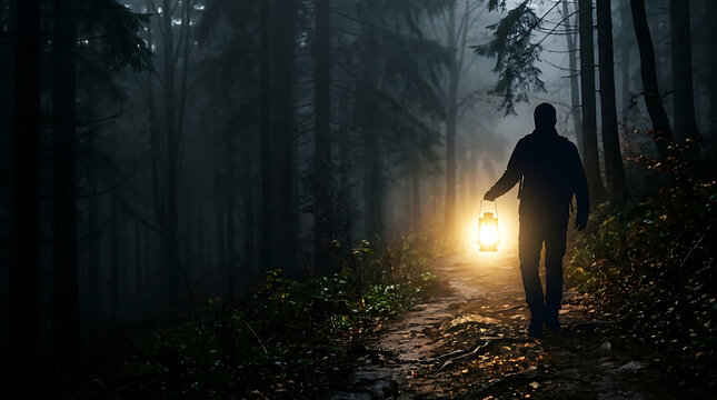 Man with glowing lantern walking along path in dark foggy forest at night