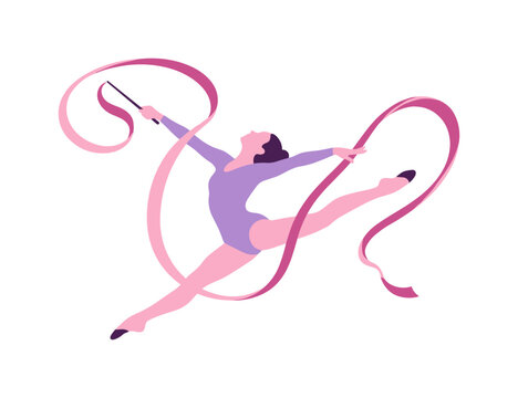 Female rhythmic gymnast performing with ribbon in leap