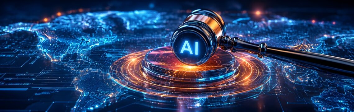 Artificial Intelligence law and regulation concept with a glowing AI gavel on a digital world map