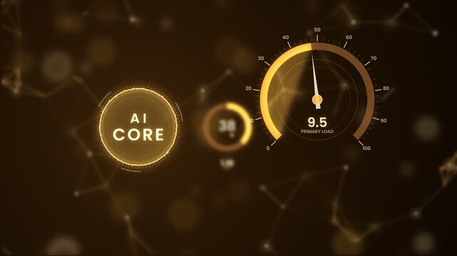 AI core dashboard with a glowing gold gauge, primary load dial, and buffer level meter, on a dark background with bokeh