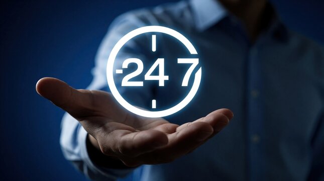 Person holds glowing 247 clock symbol in open hand. Blue gradient background. Concept of round clock service, customer support, constant availability. Business concept showing nonstop help, time