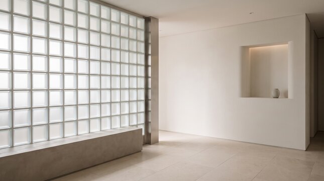 Modern residential interior with a sculptural fireplace, soft neutral palette and expansive natural light