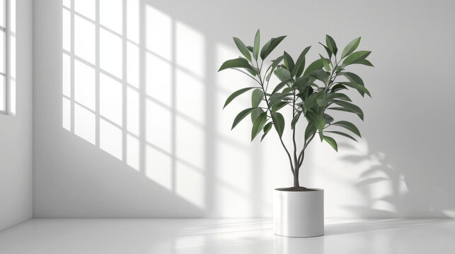 Clean, minimalist white room with a green potted plant, illuminated by strong sun and geometric window shadows on the wall