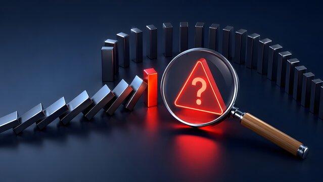 Risk analysis and problem investigation with a magnifying glass examining a warning sign amidst a domino effect