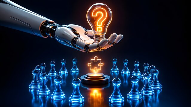 Robotic Hand with Question Mark Light Bulb, Chess Pawns, and Puzzle Piece Representing AI Problem Solving and Strategy