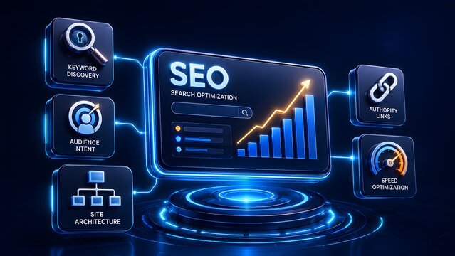 SEO Search Engine Optimization concept with digital interface showing key elements for online marketing strategy and growth