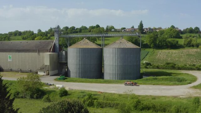Aerial view of grain silos at an agricultural cooperative in the Gers, France