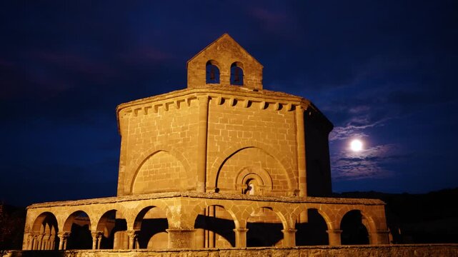 The Moon and the Romanesque Church of Santa Mar&iacute;a de Eunate in Muruz&aacute;bal, Puente la Reina Region, Navarre, Spain, Europe