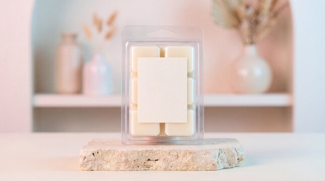Clean wax melt clamshell packaging mockup displayed on a stone surface with soft pastel background