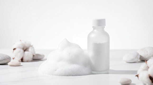 Minimalistic composition featuring a cleansing powder bottle beside fluffy foam and smooth stones, evoking a sense of cleanliness and tranquility