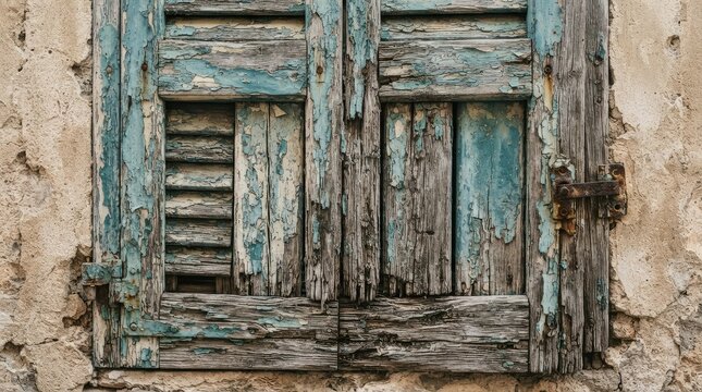 Old weathered wooden window shutters with peeling paint