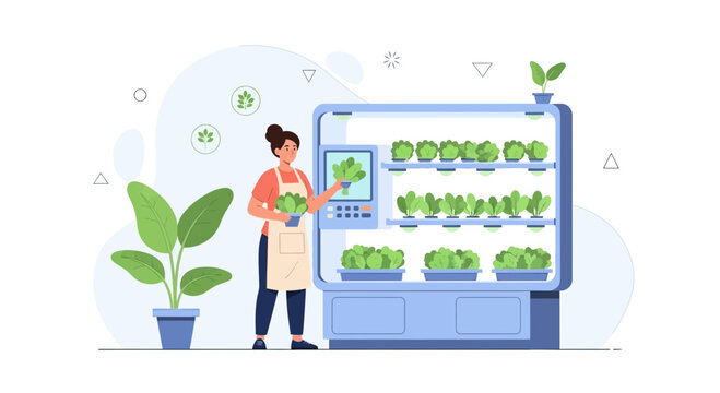 Vertical Farming with Smart Technology: Woman Harvesting Fresh Lettuce in a Modern Hydroponic System