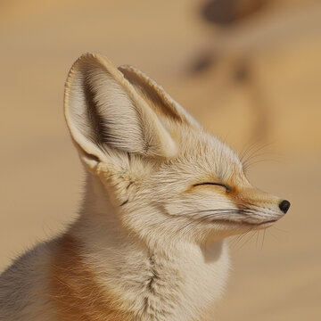 Close-up of a fluffy fennec fox with huge ears, eyes closed, enjoying warm light on its sandy fur