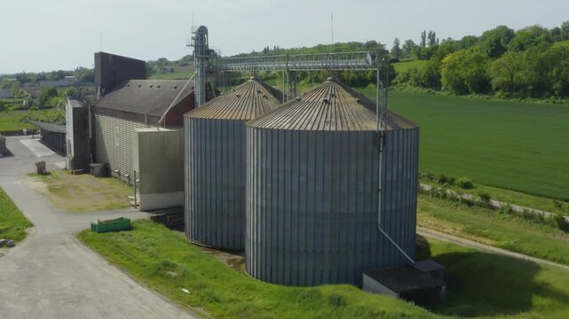 Aerial view of grain silos at an agricultural cooperative in the Gers, France