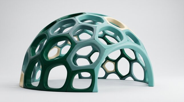 Parametric turquoise honeycomb dome pavilion structure isolated on white background, futuristic architectural geometric shelter model for modern exhibition and design showcase