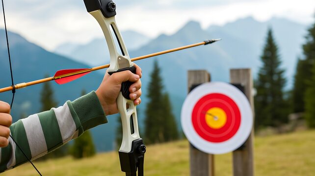 Archer aiming at a colorful target in an outdoor forest setting