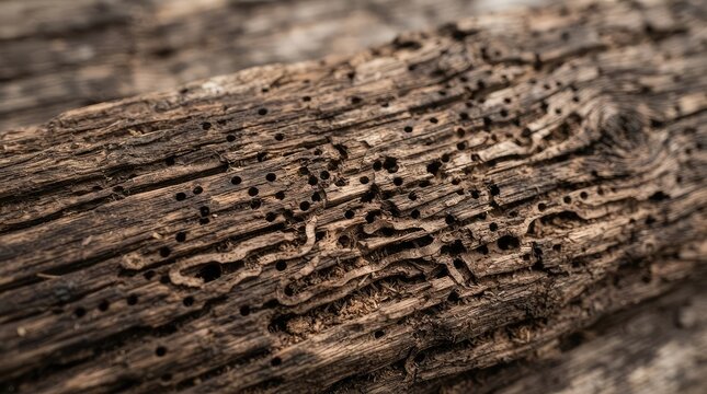 Old weathered wood log with insect holes