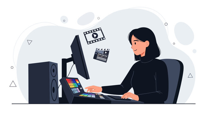 Woman Working as Video Editor, Colorist, or Post-Production Specialist at Computer with Editing Equipment