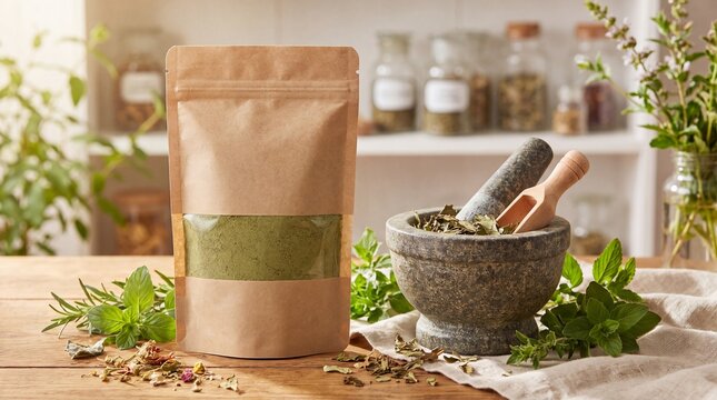 Herbal powder pouch beside a stone mortar and pestle with fresh herbs in a warm, sunlit kitchen setting