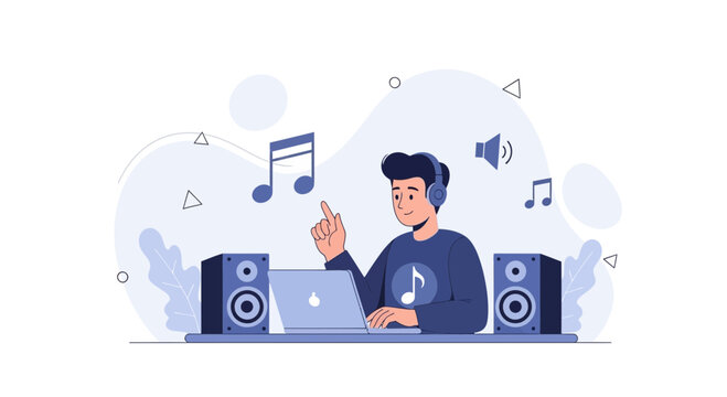 Young Man DJing with Laptop and Speakers, surrounded by music notes and abstract shapes.