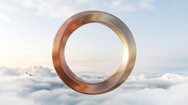 Giant metallic copper ring halo floating in blue sky above fluffy white clouds for fantasy surreal portal, modern luxury banner, and sci-fi cosmic background