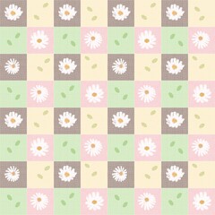 Naklejka premium Daisy floral checkered seamless pattern with retro daisy flowers on pastel brown and yellow grid background