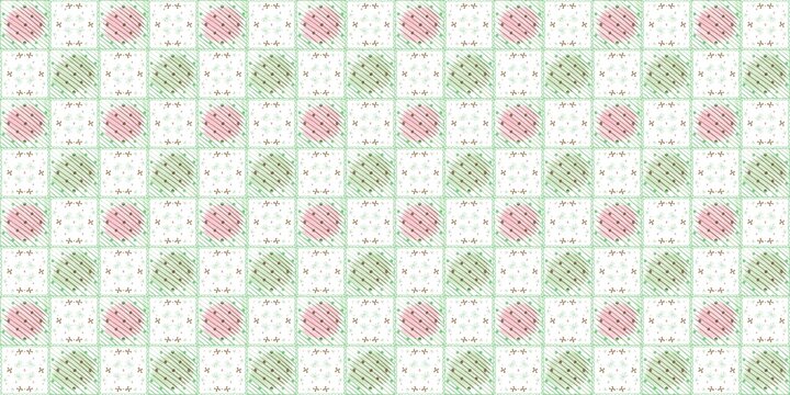 Seamless gingham pattern with pink ribbon bows on green pastel checkered background for textile and wrapping paper design