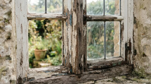 Old weathered wooden window frame with peeling paint