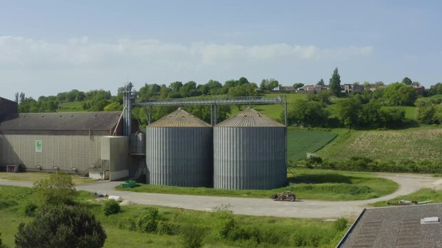 Aerial view of grain silos at an agricultural cooperative in the Gers, France