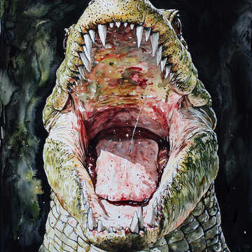 Close-up watercolor of a crocodile's wide-open mouth, sharp teeth bared, capturing intense detail and vibrant colors of its powerful jaws