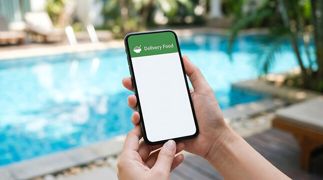 Hands holding smartphone displaying food delivery app interface beside a blue swimming pool