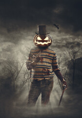 Naklejka premium Creepy Halloween pumpkin head monster