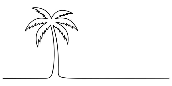 Simple black palm tree drawing created with a single continuous line style on a plain surface representing a tropical summer vacation symbol for creative design projects and art