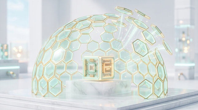 Radiant futuristic quantum computer core cube resting upon marble pedestal under breaking hexagonal energy dome shield standing inside bright white high technology laboratory