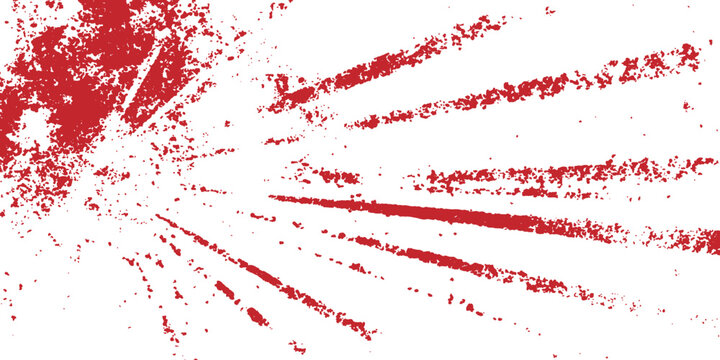 Abstract red grunge sunburst background with scratched dynamic beam rays and splatter vector graphic illustration.
