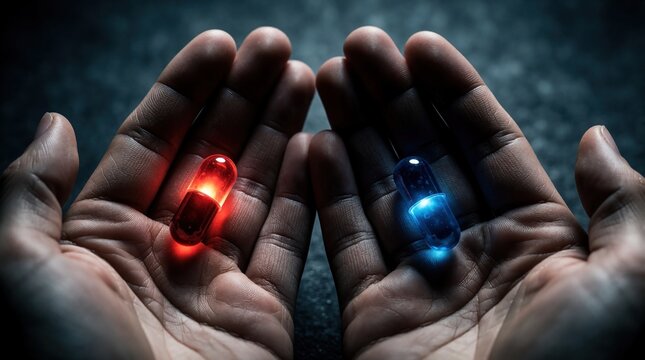 Hands hold glowing red and blue pills. Person faces choice between two paths, truth or illusion. Decision point, critical juncture, future path.