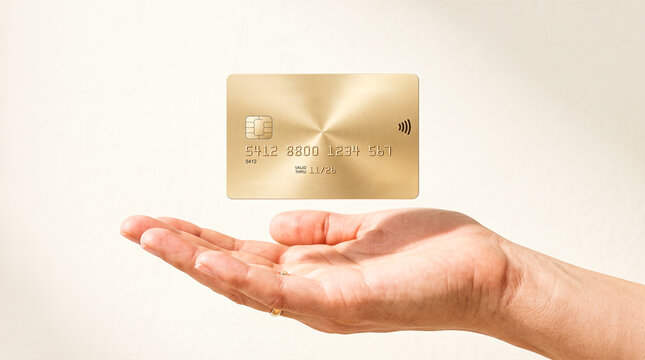 Golden metallic credit card hovering directly above open human palm facing upward against plain white background displaying payment chip numbers and wireless symbol