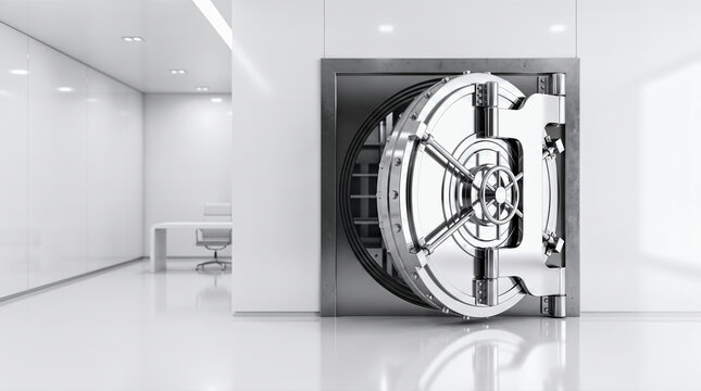 Massive heavy metal bank vault door standing wide open revealing empty secure safe interior inside bright modern corporate office room hallway