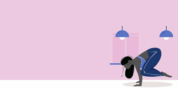 Woman Practicing Crow Yoga Pose for Wellness Fitness Banner Copyspace Design